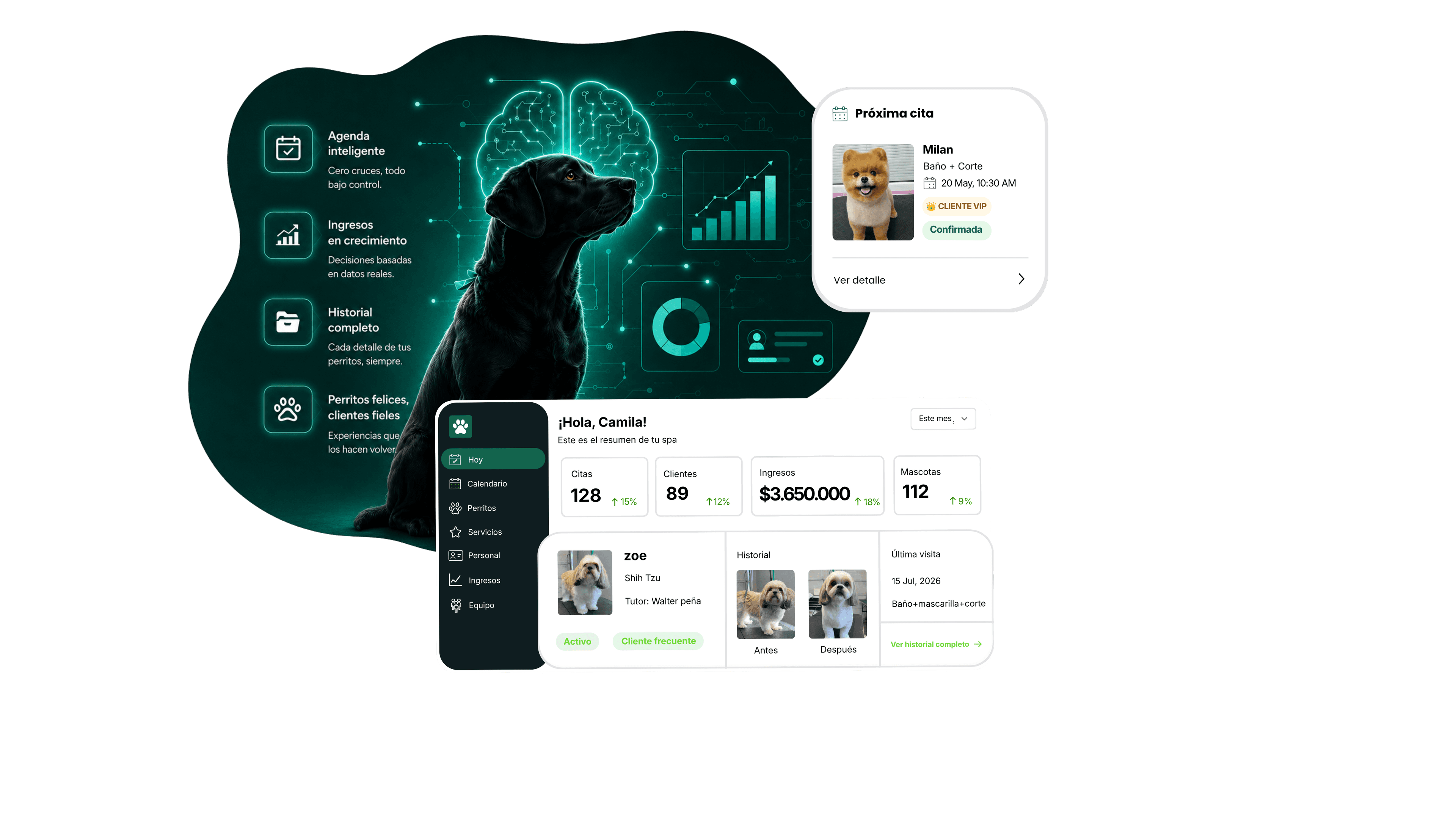 Panel de Eskalaap: agenda inteligente, ingresos, historial y perfiles de mascotas